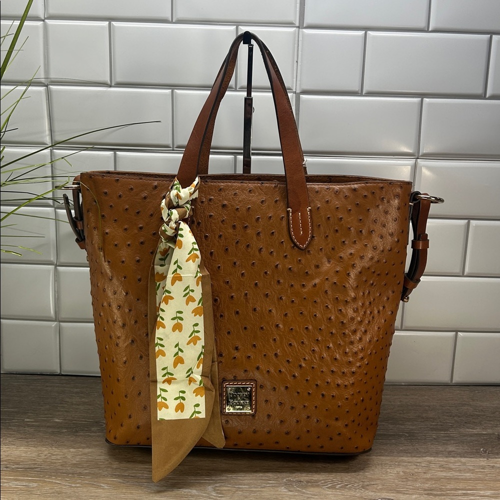 Dooney & Bourke Tan Ostrich-Embossed Leather Tote with Scarf